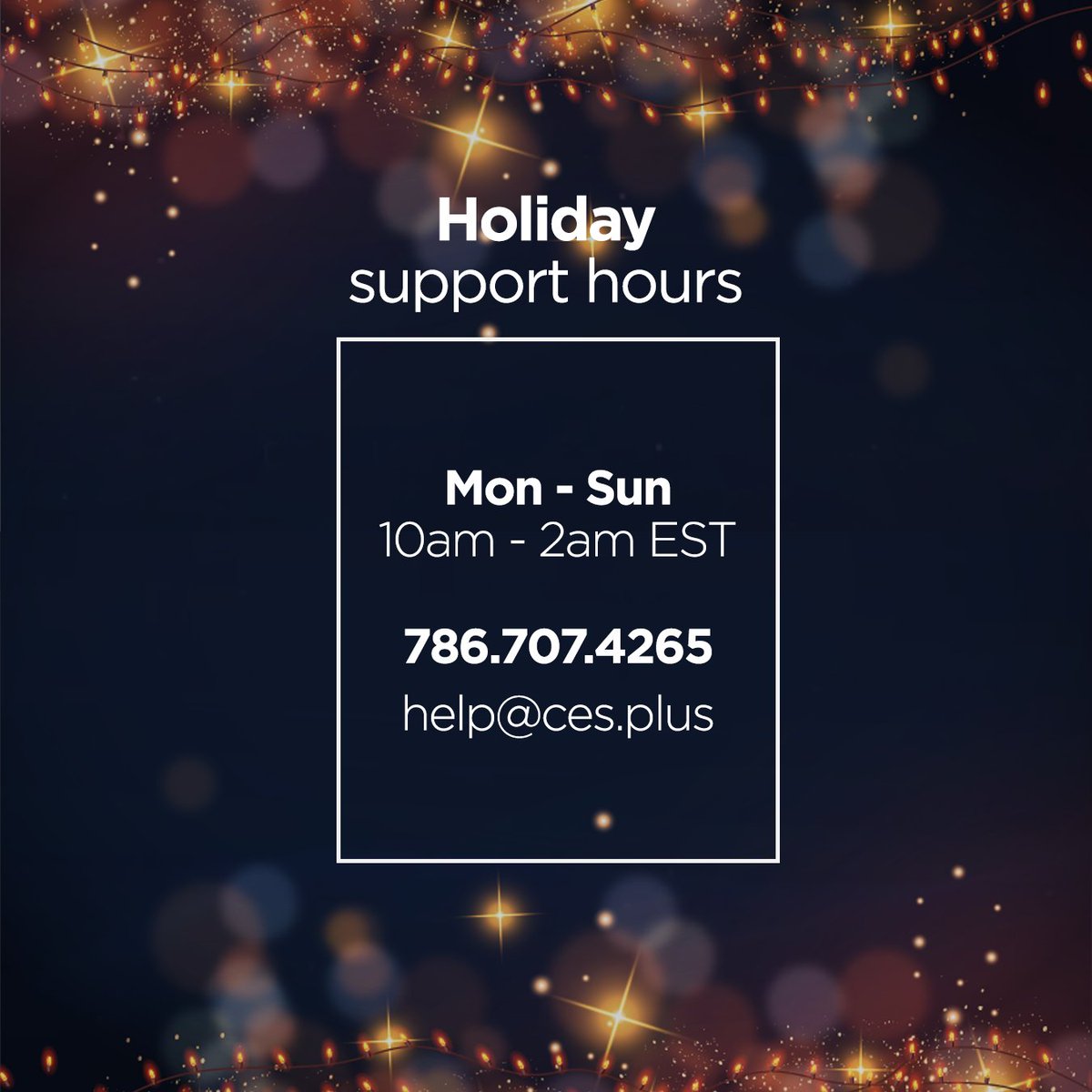 CESPlus's tweet photo. We’d love to stay... but baby it’s almost Christmas outside!

Please share our holiday hours.
If you have any questions or need emergency support, please contact us at: help@ces.plus https://t.co/1BCQ2OMBJY