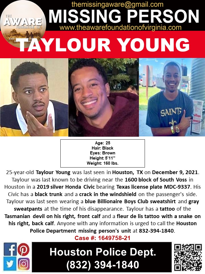 aware_the's tweet photo. ***MISSING*** 25-year-old Taylour Young was last seen in Houston, TX on December 9, 2021. Taylour was last known to be driving near the 1600 block of South Voss in Houston in a 2019 silver Honda Civic bearing Texas license plate MDC-9337. https://t.co/Z8HP5aezi2