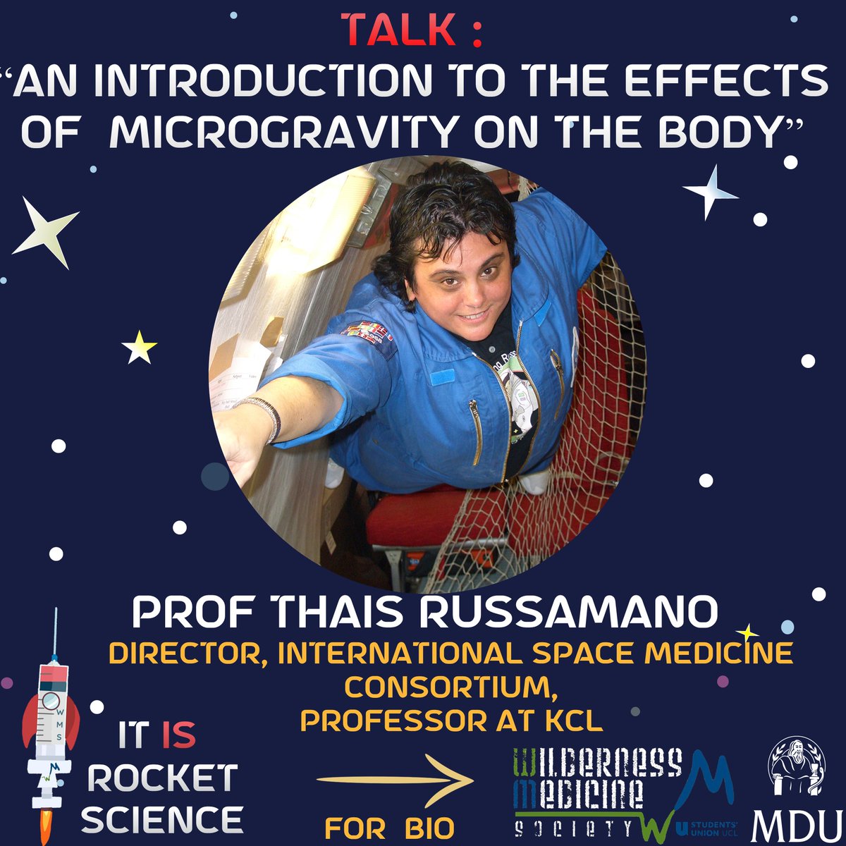 UCLWMS's tweet photo. Speakers incl. astronaut Prof Jay Buckey, Prof Thais Russamano (KCL), Dr Dan Grant (UCL), &amp; Dr Tarah Castleberry (flight surgeon Virgin Galactic). 
We're looking for someone to chair the panel on space psych. If interested DM us/email your bio to UCLWildernessMedicine@gmail.com https://t.co/OWKFtqkKNG