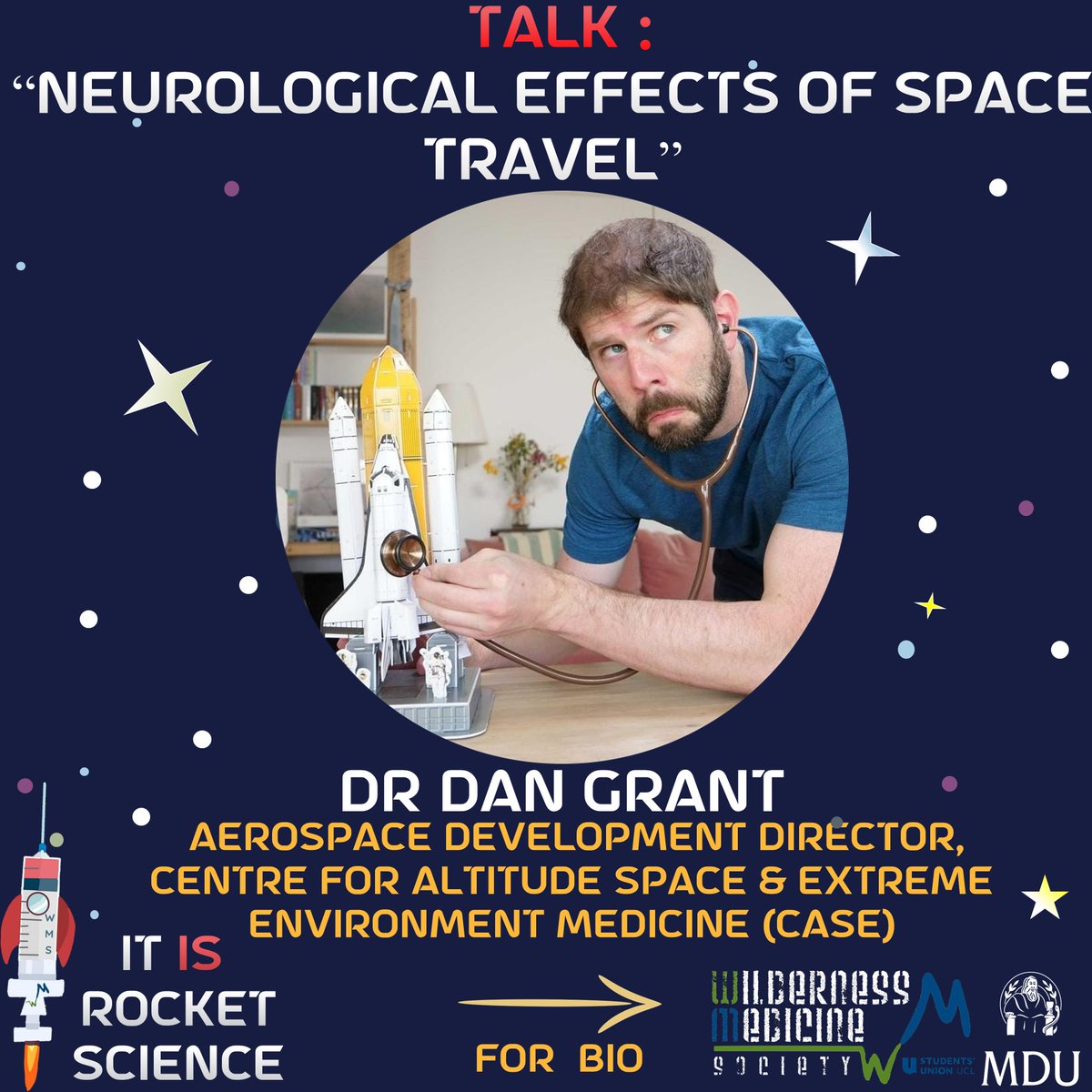 UCLWMS's tweet photo. Speakers incl. astronaut Prof Jay Buckey, Prof Thais Russamano (KCL), Dr Dan Grant (UCL), &amp; Dr Tarah Castleberry (flight surgeon Virgin Galactic). 
We're looking for someone to chair the panel on space psych. If interested DM us/email your bio to UCLWildernessMedicine@gmail.com https://t.co/OWKFtqkKNG