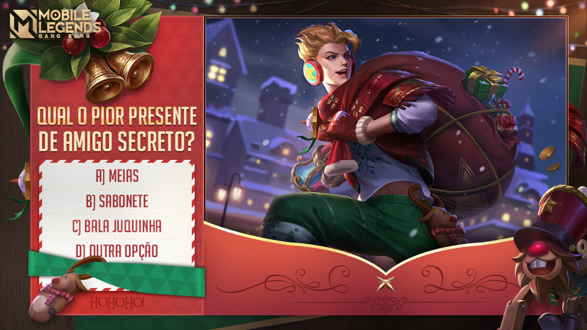 MLBBBR's tweet photo. O Natal está pertinho ૮₍ ˶ᵔ ᵕ ᵔ˶ ₎ა 🎄
E vai rolar um Amigo Secreto do MLBB!!

Diga nos comentários,  o que ele deve entregar para o Zilong no presente falso? 🗣

#NatalBRMLBB #CeiaMLBB #NatalMLBB #MLBB #MLBBBR #MobileLegendsBangBang #MobileLegends #mobilelegendsbrasil https://t.co/cOV5Nzcgbq