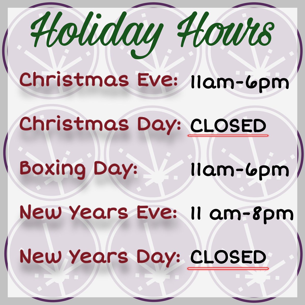 🎄HOLIDAY HOURS🎄

Have a safe &amp; happy holiday!
-F&amp;E Team💚

flintandembersdsp.com
100-1065 Portage Ave.
204-772-4603