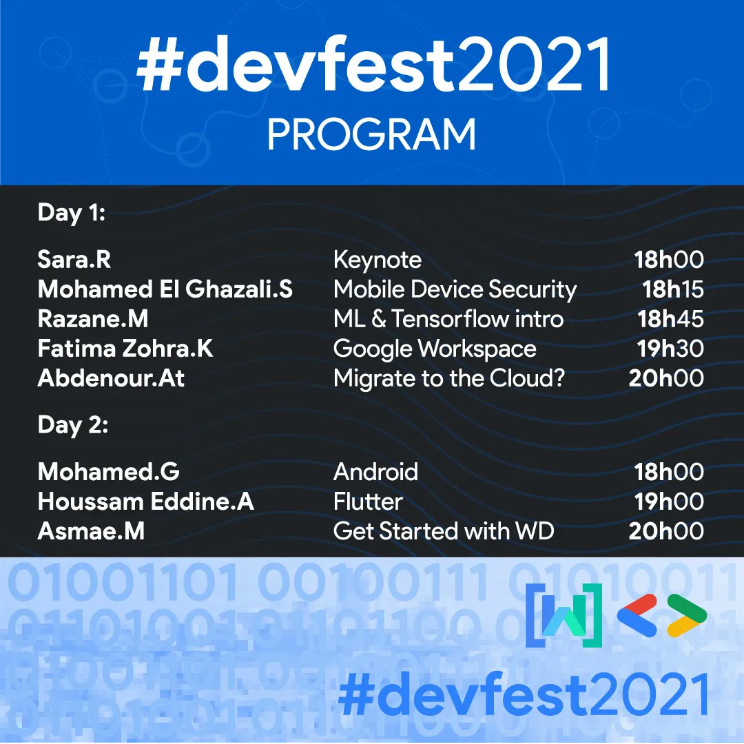 Hello Tech enthusiasts 🤩
We are back again with the biggest event of the year ✨DevFest'21✨
It will be two-days of rich-online sessions, with our amazing speakers! ⚡
Join us! We are starting tomorrow insha'Allah, check the agenda 😍
#DevFest21 #DevFestAlgeria #GDGAlgeria