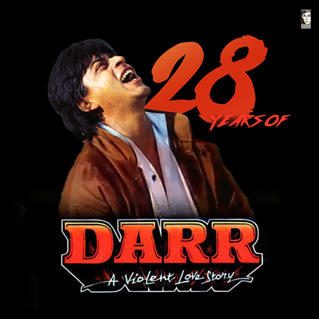 SRKUniverse's tweet photo. Celebrating #28YearsOfDarr 🔥 an antagonist so appealing that He overshadowed the protagonist &amp; whisked all the applause away! SRK believed in the character despite being a negative one &amp; the rest is history! The charismatic effect of The Baadshah Of Bollywood's zeal to nail it🔥 https://t.co/jpKR9pCTwJ