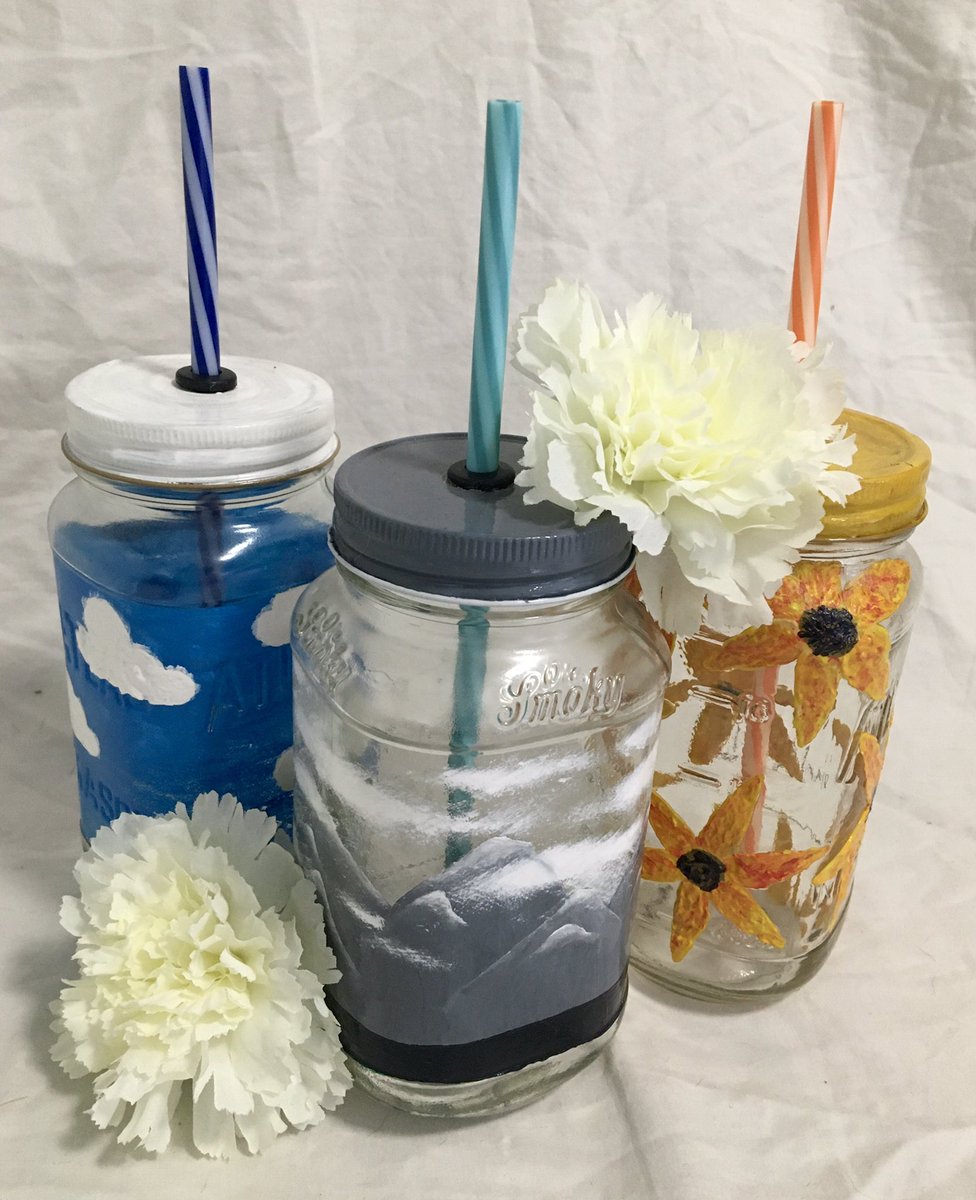 Hand painted mason jar cups! Clear coated to protect the design - rubber grommet added to the lid to make them *almost* spill proof!
These three are available in the shop!