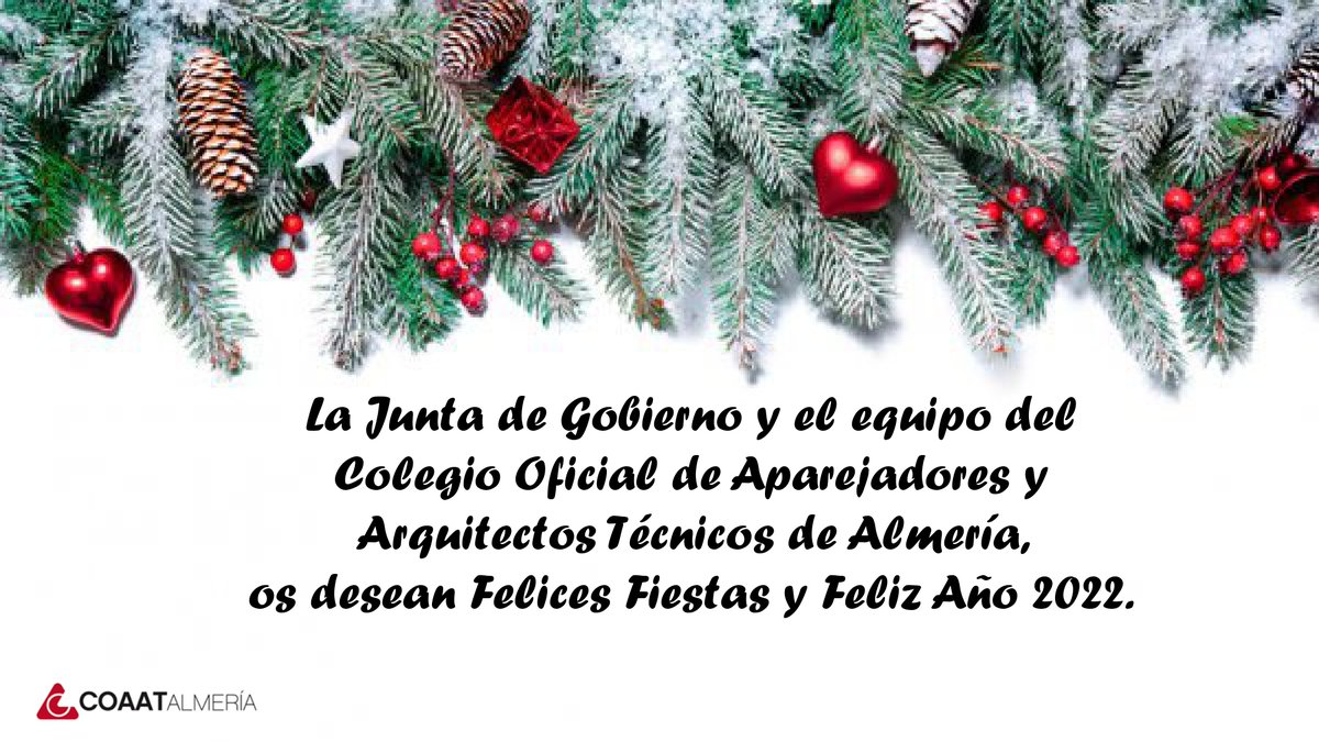 COAATIEALMERIA's tweet photo. ¡Compañeros/as! Nuestros mejores deseos para estas fechas: salud, alegría, paz, armonía y toda la ilusión del mundo.
¡Feliz Navidad!🎄
#arquitectotecnico #ingenieroedificacion #ConectAT https://t.co/6o28k94Kmf