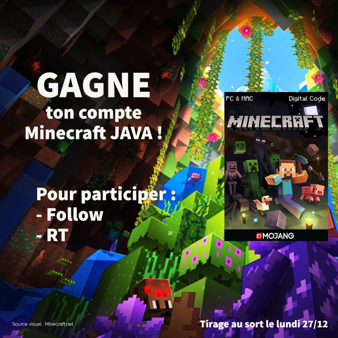 #CONCOURS 🎉 Pour fêter les 60 000 abonnés sur notre compte Twitter ainsi que pour rajouter un petit #cadeau au pied de votre sapin 🎄, on vous fait gagner un compte #Minecraft #Java !

Pour participer : #Follow + #RT !

Let's gooooo ! ✨

Tirage au sort lundi 27 décembre.
