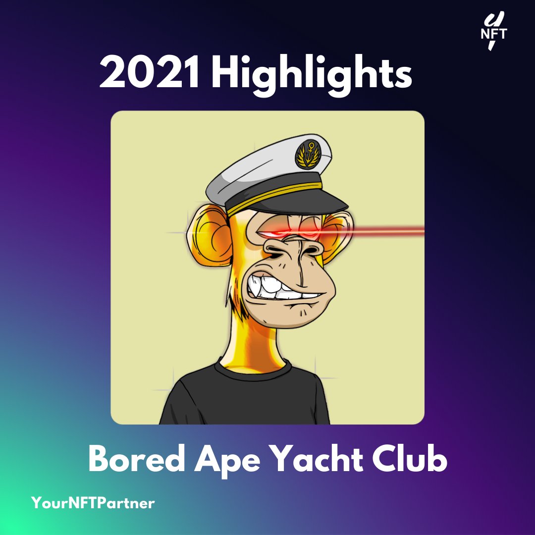 YourNFTPartner's tweet photo. NFT 2021 Recap: BAYC is arguably one of the most famous NFT projects to date. By purchasing an Ape, you get exclusive access to future collections and other perks as a member of BAYC. Some celebrities who own an ape include Jimmy Fallon, Post Malone, Steph Curry, &amp; Steve Aoki. https://t.co/b7u7a7Mynr