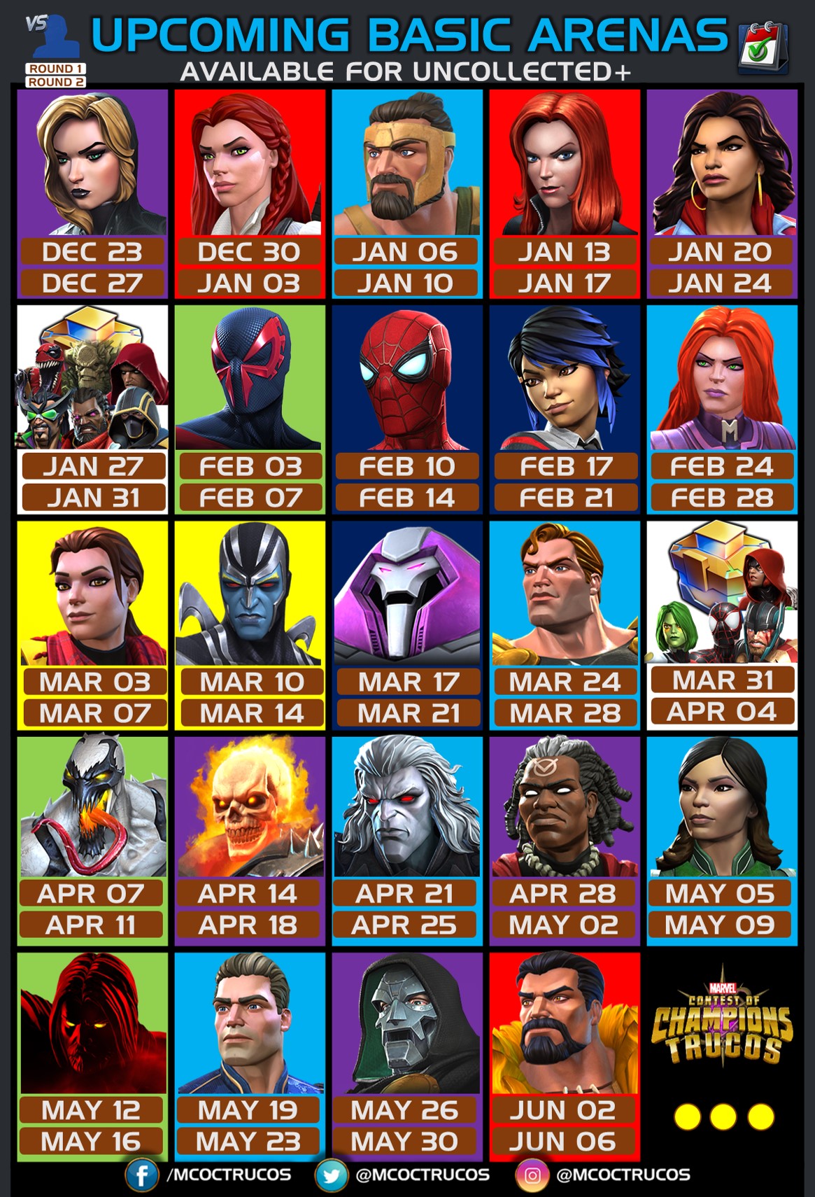 Mcoc Arena Schedule 2022 Marveltrucos On Twitter: "🎮Upcoming Basic Arenas - Calendar [Updated]📅  #Marvel #Mcoc #Mcocarena #Contestofchampions 📌Basic Heroes Provide Only  One Signature Ability Level If They Are Duplicates Of Champions You Already  Own In Your