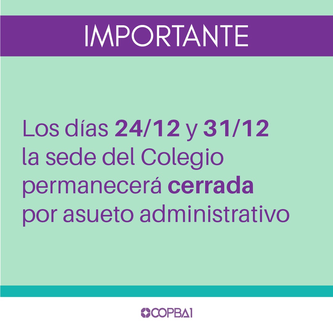 📣Información importante
.
La sede del Colegio permanecerá cerrada durante los días 24/12 y 31/12 debido al asueto administrativo