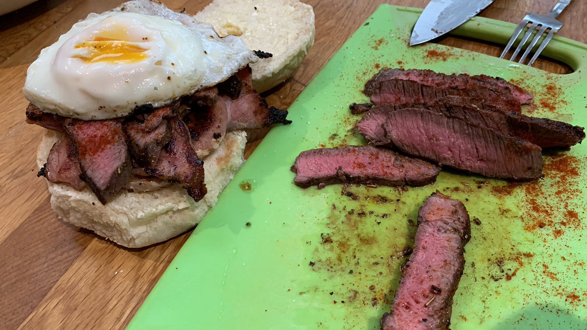 Venison steak , bacon and egg bap