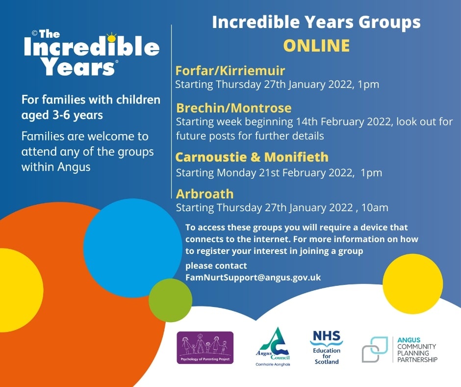 AngusCouncil's tweet photo. Got wee ones? We’ve Incredible Years and Five to Thrive groups starting in January/February 2022. You can find out more about the groups on our website or email the team at FamNurtSupport@angus.gov.uk
➡️ https://t.co/504SkKTDp8
#AngusCares https://t.co/Oa8IYnNHu8