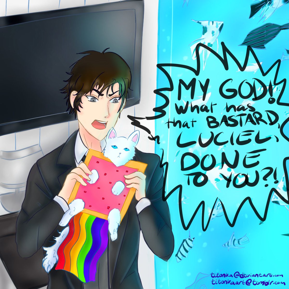 titonka_art's tweet photo. Instead of passing out candy, I was drawing this masterpiece where 7 breaks into Jumin's house just to shove Elizabeth 3rd in a nyan-cat outfit. #mysticmessenger #nyancat #mysme #mysmes #juminhan #elizabeththe3rd #elizabeth3rd #saeyoungchoi #lucielchoi https://t.co/GY4L0dcnjF
