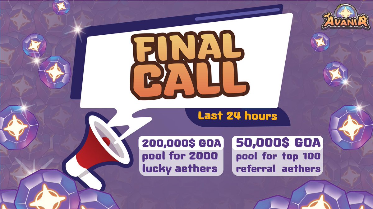 🚨🚨Last chance to be the lucky Aethers🚨🚨
🔥🔥Only 24 hours left to join our AIRDROP event.

Don't miss the chance
Join the event 👉 gleam.io/O8vUE/avania

#Airdrop #Avania #NFTgame #GameFi #PlayToEarn
