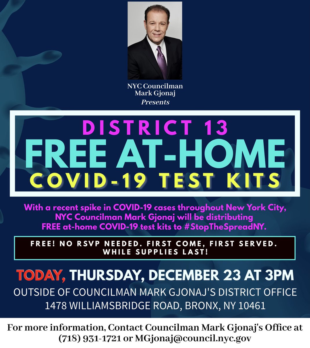 MarkGjonajNY's tweet photo. Attention residents in #District13, TODAY, Thursday, December 23rd at 3pm, we will be giving out #FreeAtHome #Covid19 #TestKits in front of our District Office at 1478 Williamsbridge Road. First Come, First Served! https://t.co/uoR9BCfD8Z