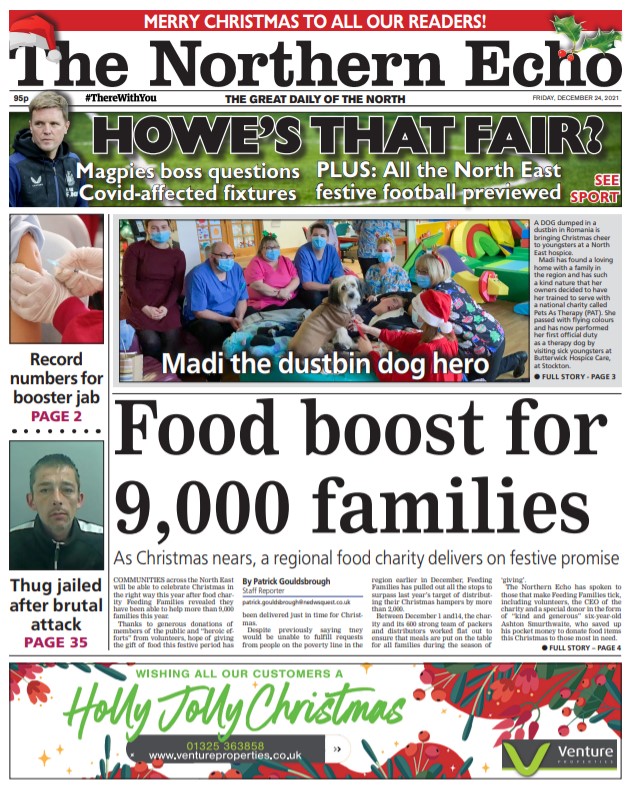 The front page of the Christmas Eve <a href="/TheNorthernEcho/">The Northern Echo</a>  #TomorrowsPapersToday