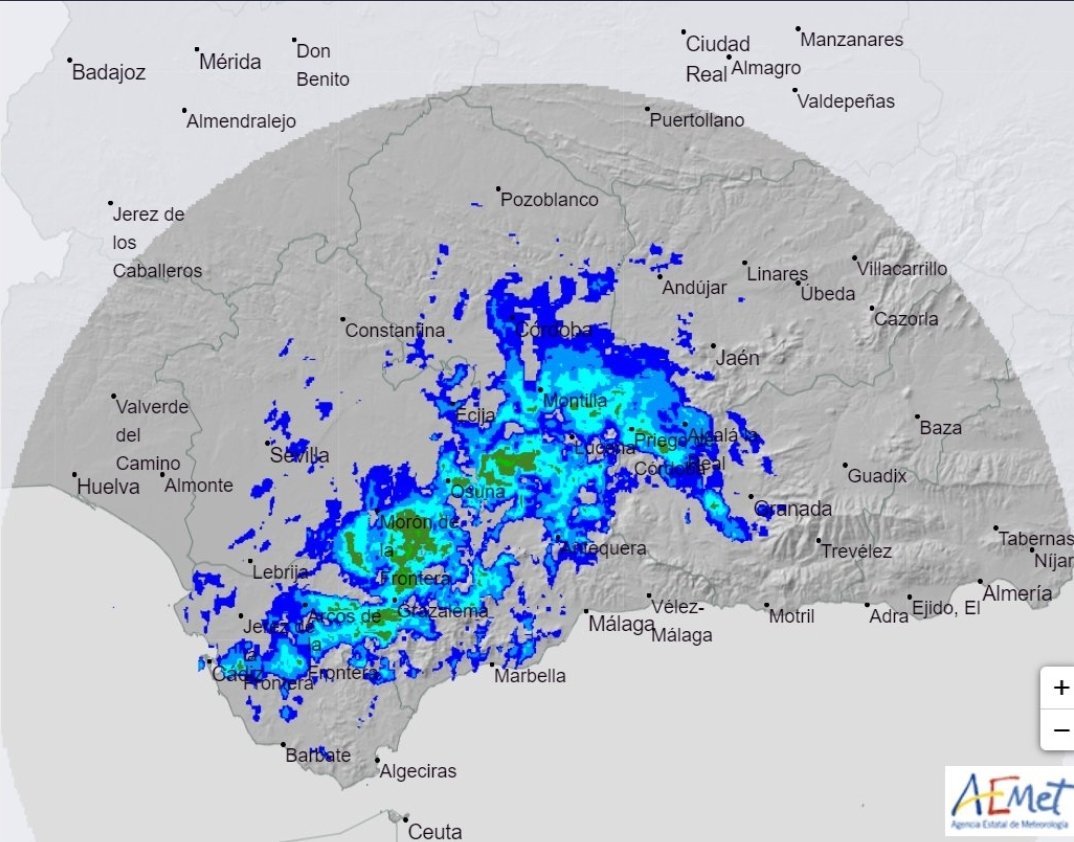 #ProtecciónCivil de #Casariche... Una amplia y activa banda de precipitaciones está cruzando Andalucía, como muestra el radar de <a href="/AEMET_Andalucia/">AEMET_Andalucía</a>