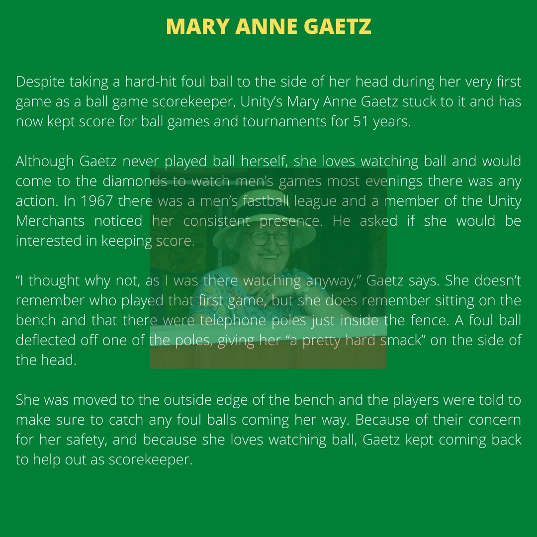 BaseballSask's tweet photo. Congratulations to Mary Anne Gaetz (Unity) who is the recipient of the 2021 Baseball Sask Lifetime Achievement Award! ⚾️🏆 https://t.co/liE7lXZkiS