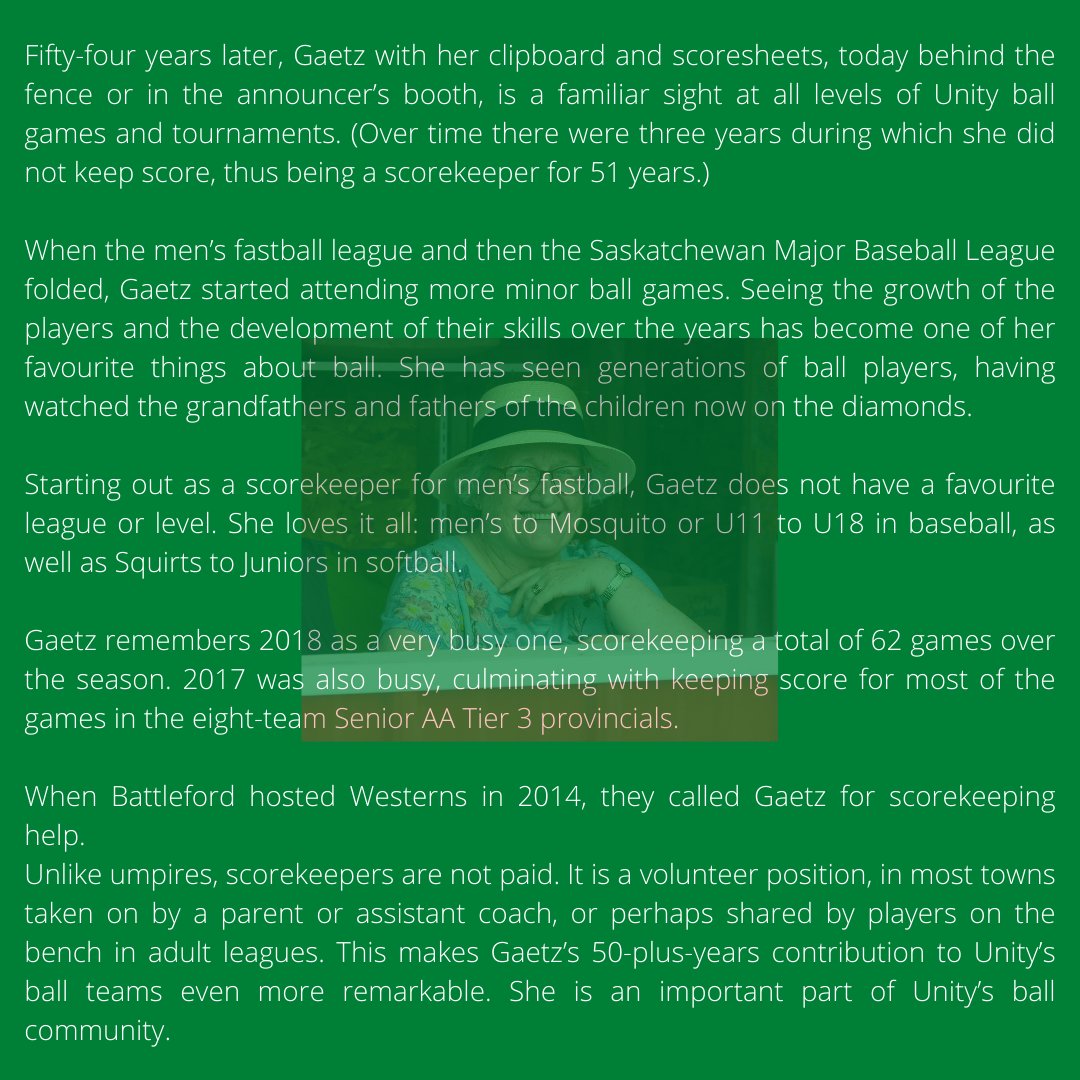 Congratulations to Mary Anne Gaetz (Unity) who is the recipient of the 2021 Baseball Sask Lifetime Achievement Award! ⚾️🏆