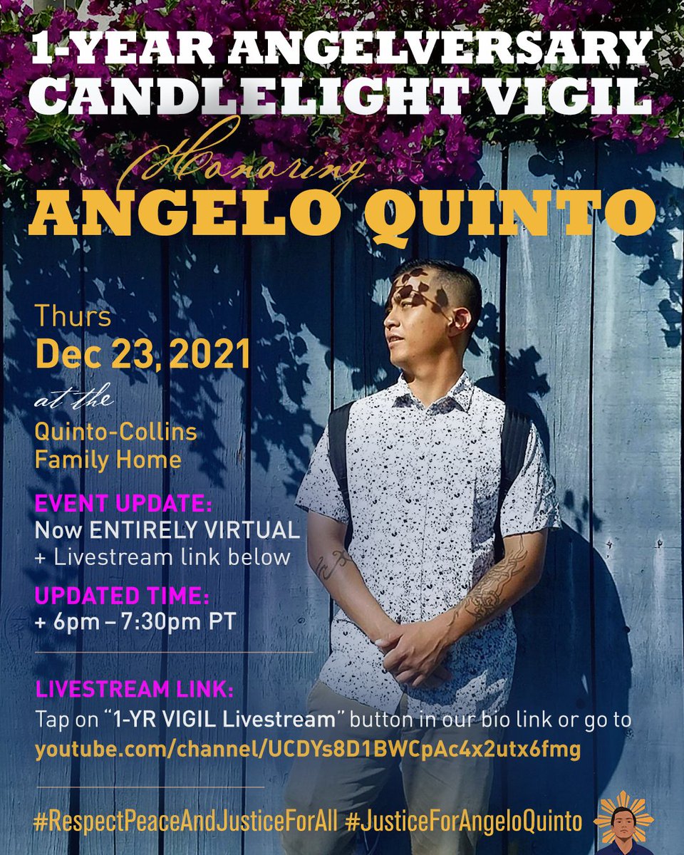 justice4angelo's tweet photo. Join us today 12/23/21 for Angelo's 1-Year Angelversary VIGIL at 6pm-7:30pm PT—now ENTIRELY VIRTUAL via livestream: https://t.co/R6bwqxUR8h

CA AG Rob Bonta, Assmb Mike Gipson, &amp; impacted families will be speaking.

#JusticeForAngeloQuinto 💙 
#JusticeForAngeloQuintoJusticeForAll https://t.co/8sXVcnho7M