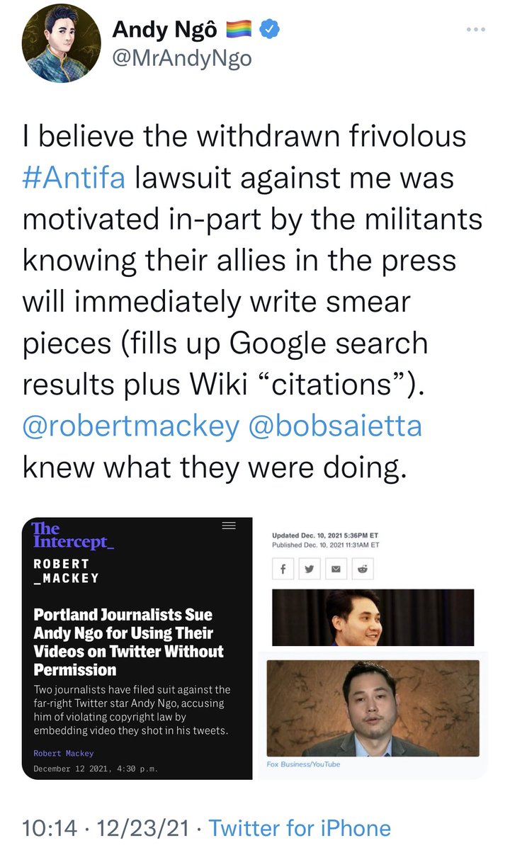 RobertMackey's tweet photo. Brave of you Andy Ngo to tag me here, to direct your fans to harass me, without letting them know you blocked me first. That prevents them from seeing my reply: that you call my accurate news report about you a 'smear piece' without citing evidence there's anything untrue in it. https://t.co/jYzYn4SCbq