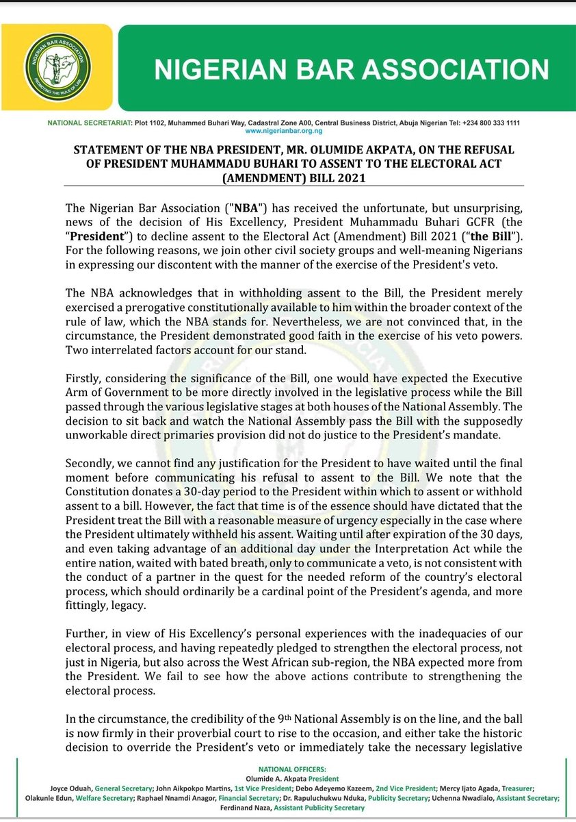 OlumideAkpata's tweet photo. The position of the @NigBarAssoc on the decision of President Muhammadu Buhari to withhold assent to the Electoral Act Amendment Bill 2021. https://t.co/fLV4GYQfte