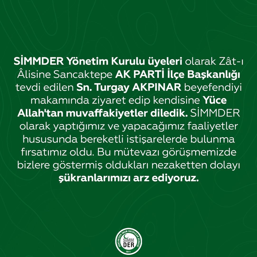 SİMMDER Yönetim Kurulu üyeleri olarak Zât-I Älisine Sancaktepe AK PARTİ İlçe Başkanlığı tevdi edilen Sn. Turgay AKPINAR beyefendiyi makamında ziyaret edip kendisine Yüce Allah'tan muvaffakiyetler diledik. 
#akparti #sancaktepe #simmder