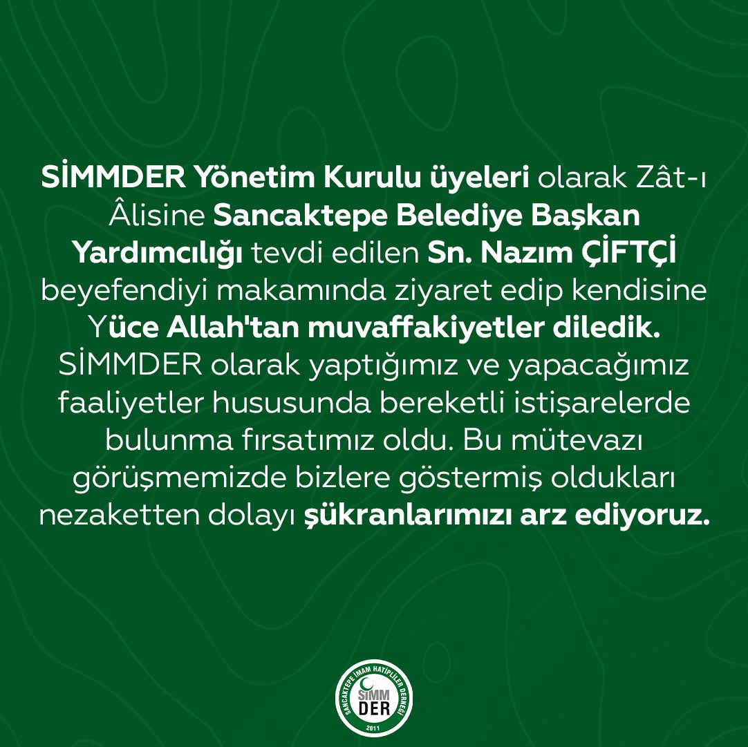 SİMMDER Yönetim Kurulu üyeleri olarak Zat-ı Âlisine Sancaktepe Belediye Başkan Yardımcılığı tevdi edilen Sn. Nazım ÇİFTÇİ beyefendiyi makamında ziyaret edip kendisine Yüce Allah'tan muvaffakiyetler diledik.
#sancaktepe #simmder
