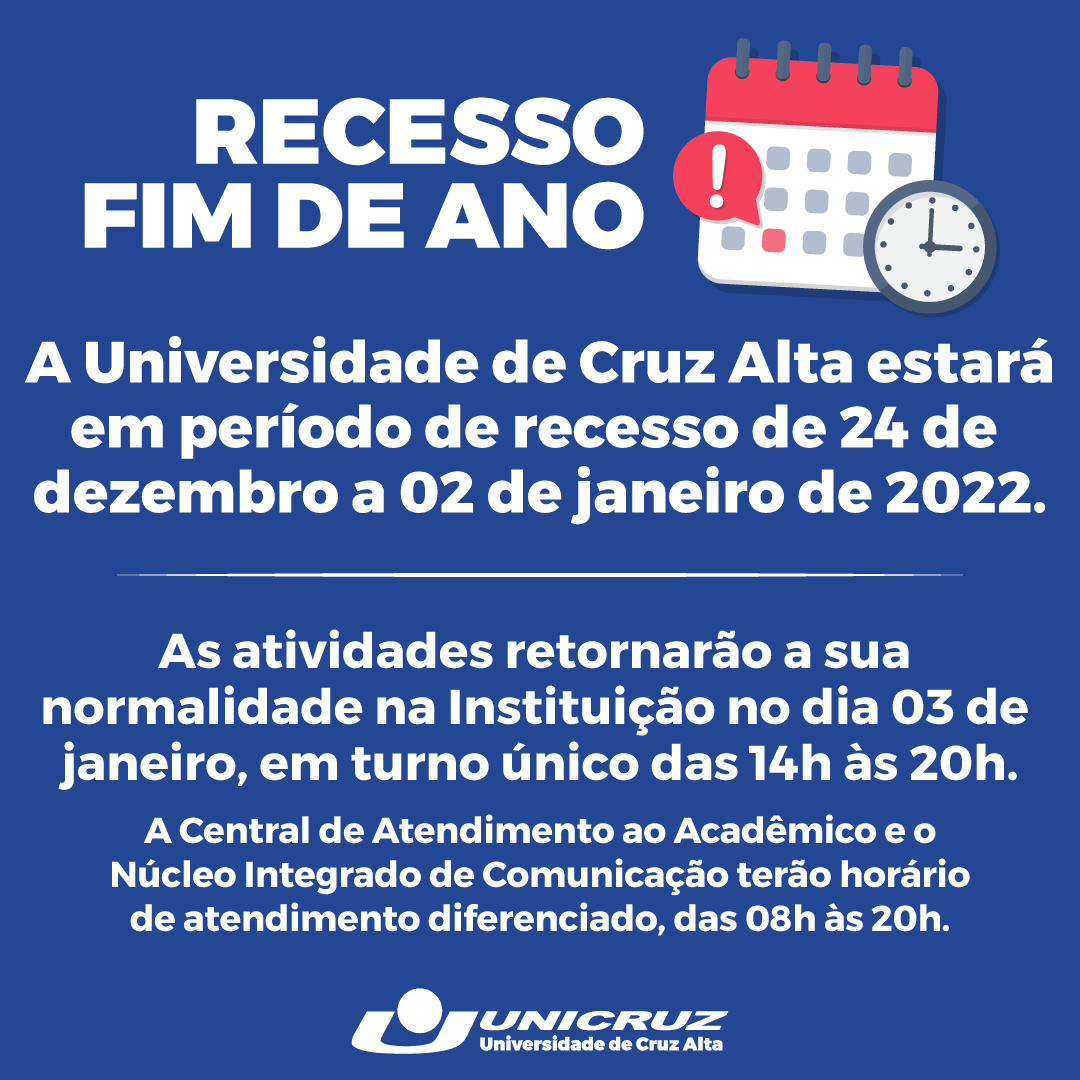 Unicruz's tweet photo. ⚠️ Confira o informativo de recesso Unicruz.
https://t.co/hPmFrJmXLY https://t.co/yUYTLzRDju