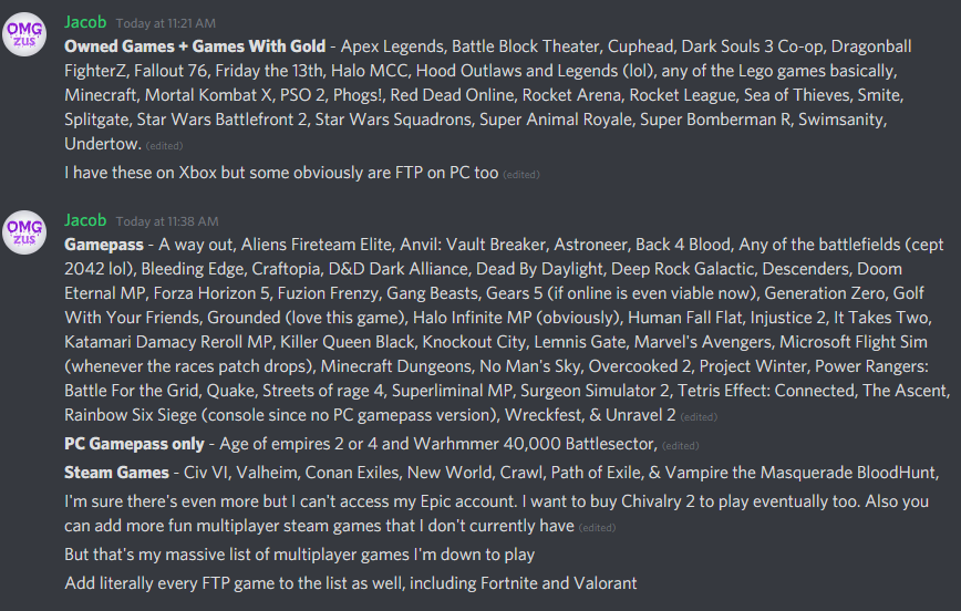 OMGzus's tweet photo. Update: Here's the massive list I came up with. Always down to group up for any of these if I have the time! #SquadUp #Xbox #PC #gamepass #steam #groupup #videogames #multiplayer https://t.co/kyFs8X4ld7