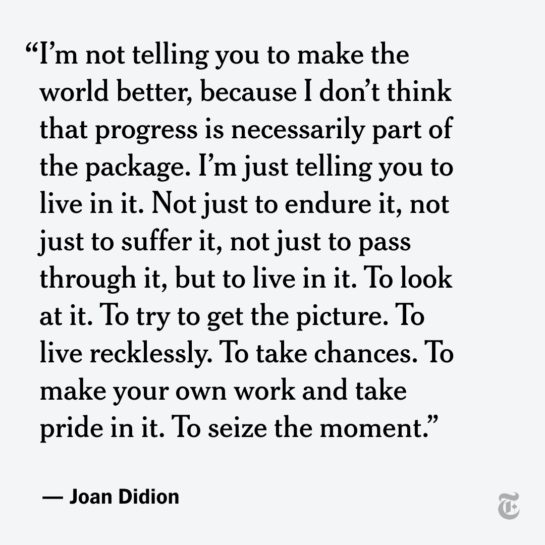 nytimes's tweet photo. Joan Didion was a generation-defining writer. "She could not tire of telling her reader, telling herself, that luck runs out — perhaps because she never really believed it, not when there was more life to be lived," writes Parul Sehgal. https://t.co/huEzeSeQNx https://t.co/W31qEGrMfe