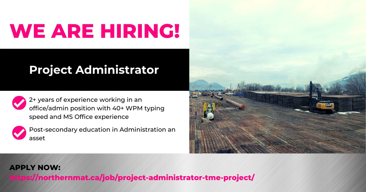 NorthMatBridge's tweet image. Now Hiring: Project Administrator (Temporary Position)
 
Based out of Agassiz, BC. 
 
For a detailed job description and how to apply, visit 
northernmat.ca/job/project-ad…