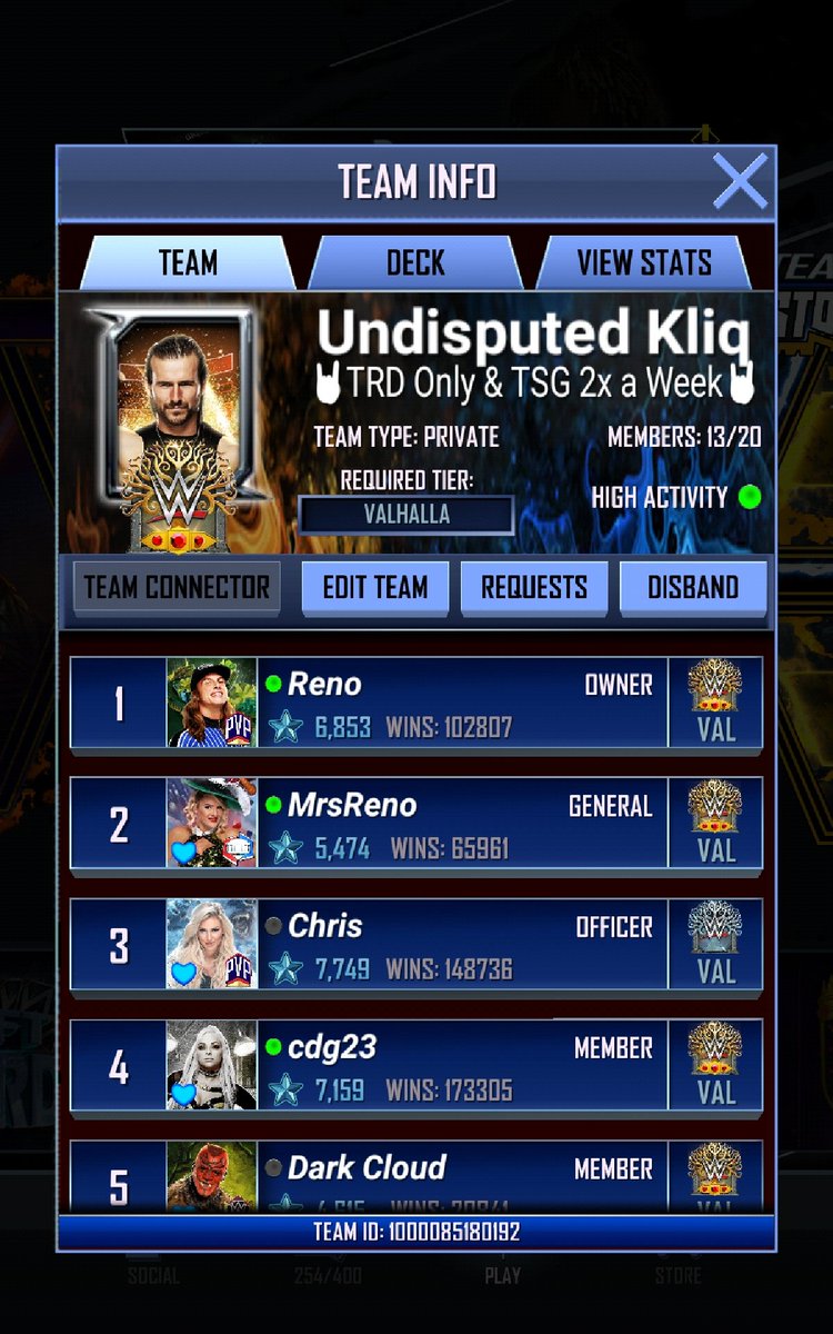 UndisputedReno's tweet photo. Val++ Team looking for members! TRD ONLY!  WITH 2 TSG A WEEK! TSG is Monday and Friday! Below you will see our TRD &amp; TSG results! If interested Apply in game or in game message or DM! Currently 13/20 #WWESuperCard https://t.co/KSy0Etuiak