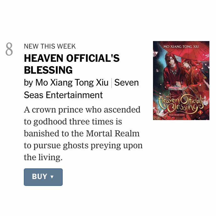 gomanga's tweet photo. Press Release: Mo Xiang Tong Xiu (MXTX) Becomes Triple New York Times Best Selling Author in One Week w/Seven Seas Debut of Danmei Novels #SevenSeasDanmei #MXTX

"Due to the huge demand for the series, our first print run totaled half a million copies."

https://t.co/w5p3M0CGDM https://t.co/qiIJKprC9U