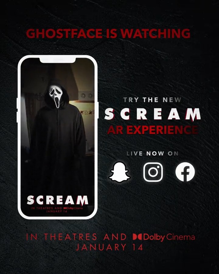 Unlock the new #ScreamMovie AR lens and I'll pay you a visit. 
IG: https://t.co/TASSVZ0bgV
Snap: https://t.co/qlsNbGHdeF
FB: https://t.co/6aNUcOk9Mh

Tag @ScreamMovies and share your videos using #GhostfaceIsWatching so I can see your creations.
#12ScreamsForTheHolidays https://t.co/p3dARnAGYH.