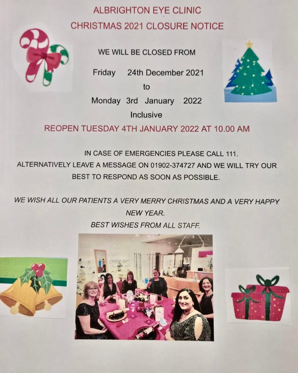 AlbrightonEyeC's tweet photo. We’re closed for Christmas now. 
Wishing everyone a very merry Christmas and a happy new year 🥳. 
We reopen Tuesday 4th Jan at 10am. See you in the new year. 👋🏼 https://t.co/MmariVmVcv