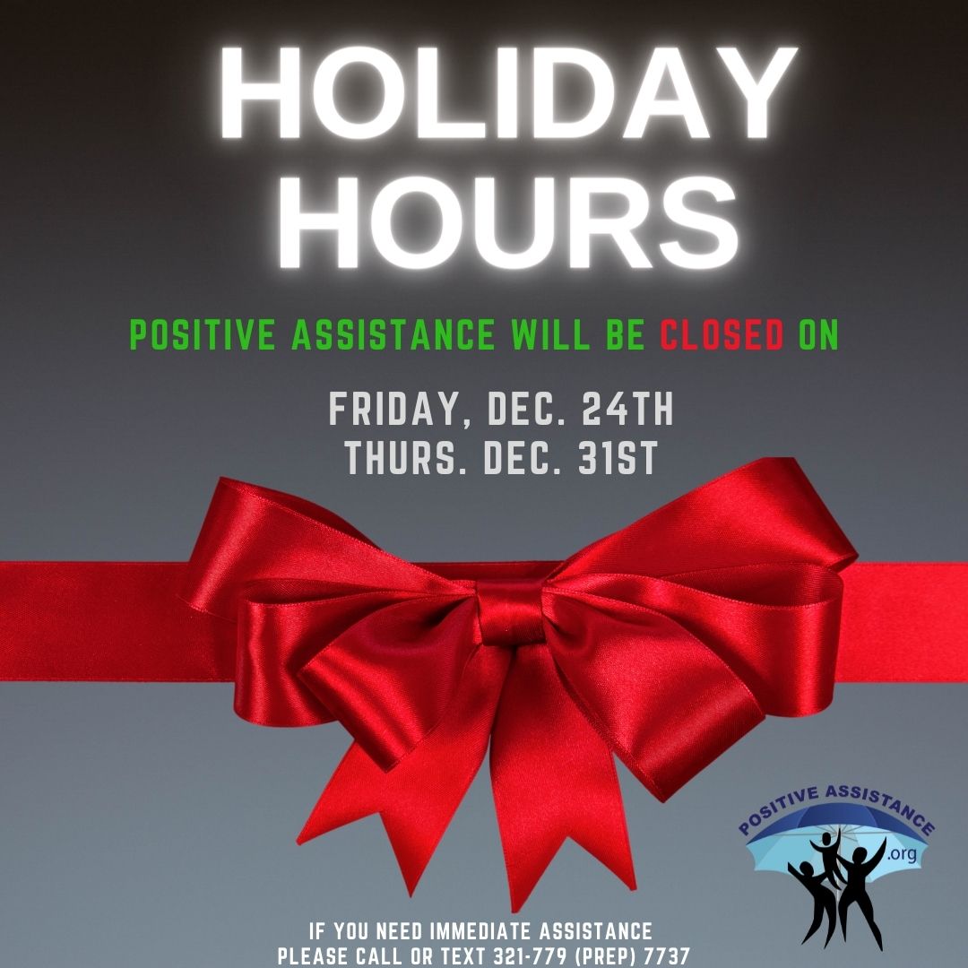 PositiveAssist2's tweet photo. Positive Assistance will be closed on Friday, December 24th and on Friday, December 31st.  If you need immediate assistance, however, please call or text us at 321-779 (PrEP) 7737.  

Happy Holidays from the entire Positive Assistance Team!!! https://t.co/NeIf82ZBqs