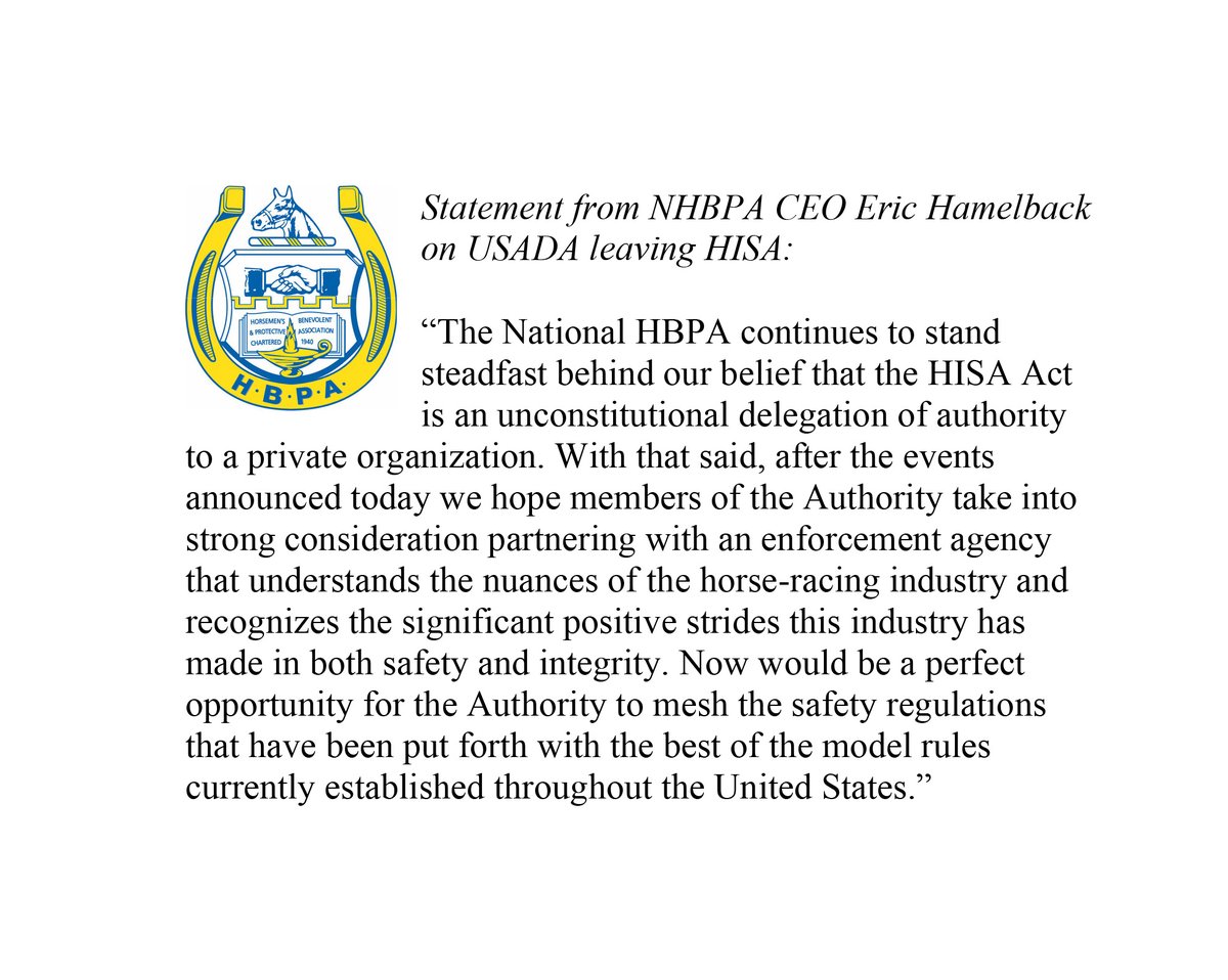 Statement from National HBPA CEO Eric Hamelback
on USADA leaving HISA: