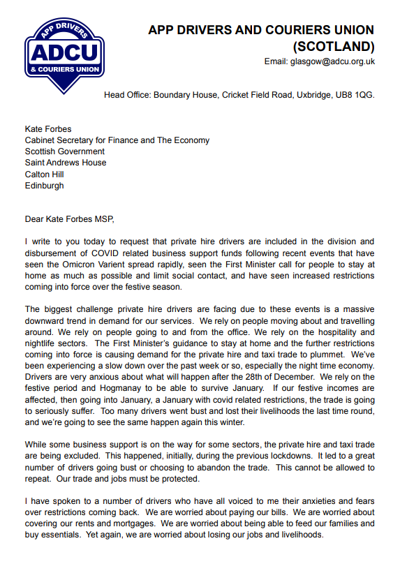 ADCU_Scotland's tweet photo. We have written to @_KateForbes and other @scotgov members to request immediate support for private hire drivers in Scotland. We have requested Ms. Forbes meets with ADCU reps and have asked for financial assistance. https://t.co/qpVmCU5cmw