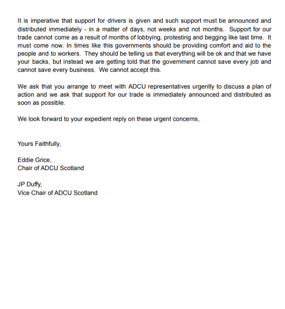 ADCU_Scotland's tweet photo. We have written to @_KateForbes and other @scotgov members to request immediate support for private hire drivers in Scotland. We have requested Ms. Forbes meets with ADCU reps and have asked for financial assistance. https://t.co/qpVmCU5cmw