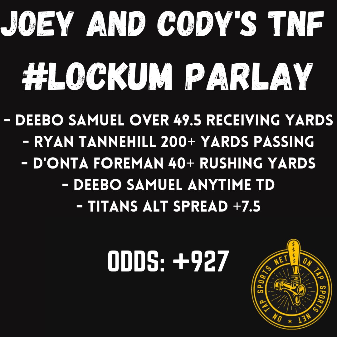OnTapBets's tweet image. Who is riding with @CodyOnTap and @theriot326 in tonight’s #TNF #LockUm parlay? 

(pssst there’s a promotion for a risk-free SGP over on FanDuel right now)