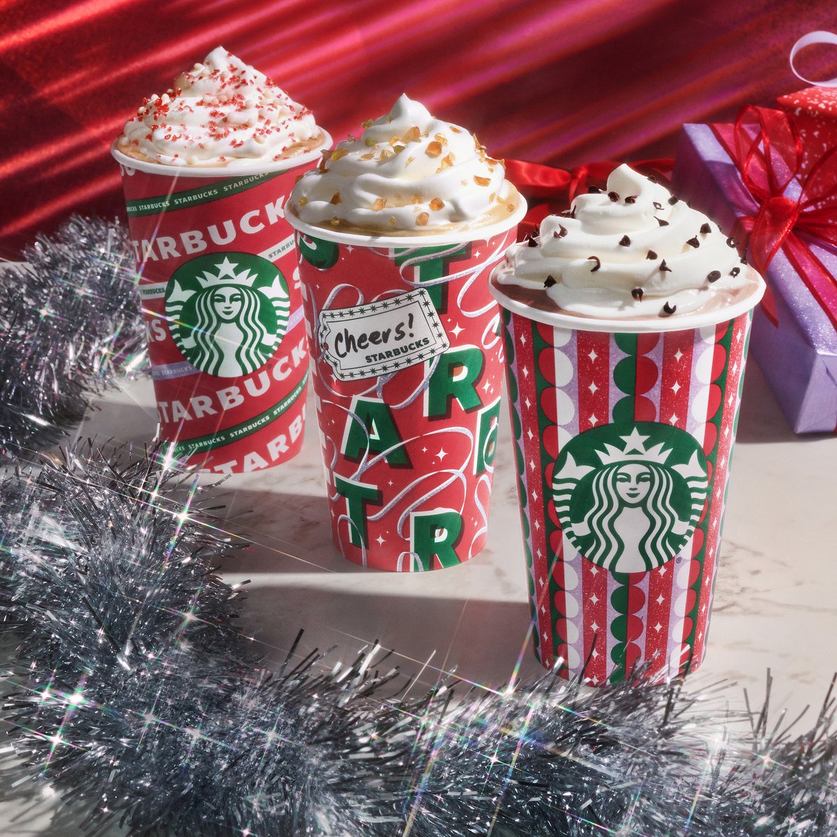Three cheers for Toasted White Chocolate Mocha, Caramel Brulée Latte, and Peppermint Mocha. ❄️ Get in the holiday spirit at <a href="/Starbucks/">Starbucks</a>.