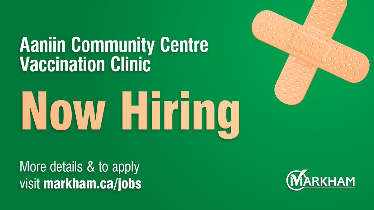 cityofmarkham's tweet photo. We’re hiring temporary workers to fill non-clinical positions to support the @YorkRegionGovt vaccine clinic at Aaniin Community Centre.
 
For more details or to apply today, visit https://t.co/BqeSoOuoTi https://t.co/PW9tOpmzZY