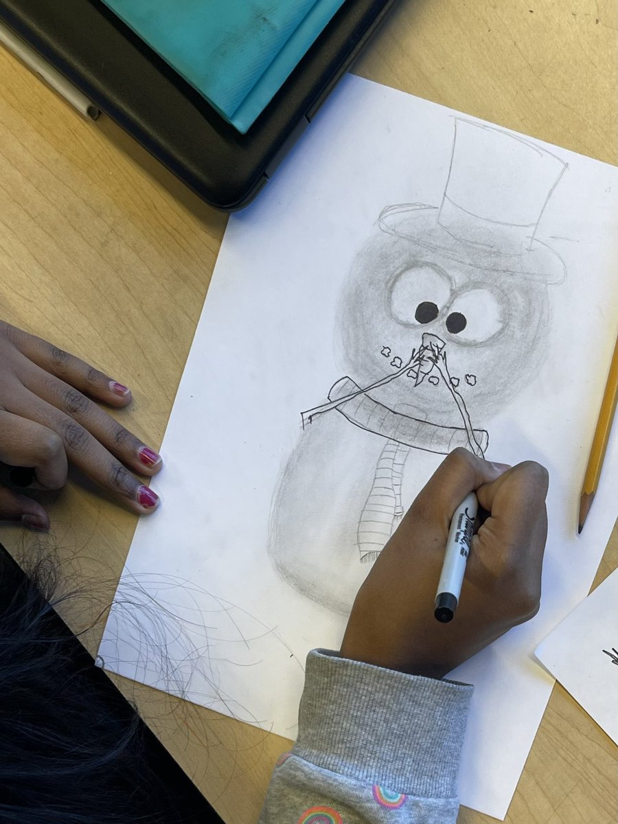MissDressel's tweet photo. HHMS artists illustrated snowpeople while learning about the style traits of Tim Burton characters. We used tortillions to shade, creating value and form. ⛄️ https://t.co/w4K2Rq3l9b
