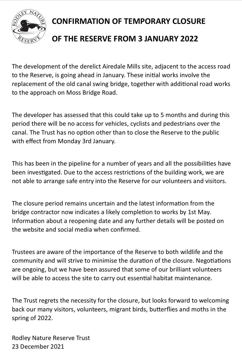 RodleyNR's tweet photo. Please see the statement below regarding the confirmed temporary closure of the Reserve, due to the initial development work on the swing bridge. https://t.co/6oe8HFShP8