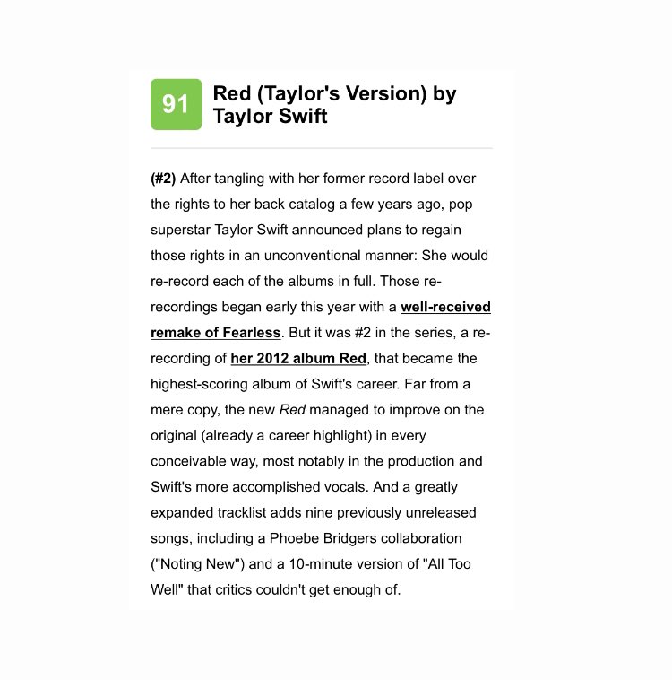 taylorswiftbr's tweet photo. O site Metacritic listou o #RedTaylorsVersion como MELHOR ÁLBUM FEMININO (#2 no geral) de 2021! 

— O álbum #FearlessTaylorsVersion também aparece na lista em #38. https://t.co/JV5M6Vslf7