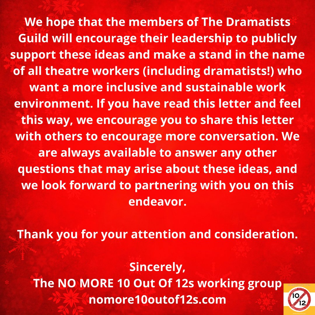 We are grateful for this opportunity to provide resources for those who have questions. We encourage all <a href="/dramatistsguild/">Dramatists Guild</a> members to call on their leadership to support this movement going forward, now that they have the information that they need.
This is day 9.#nomore10outof12s