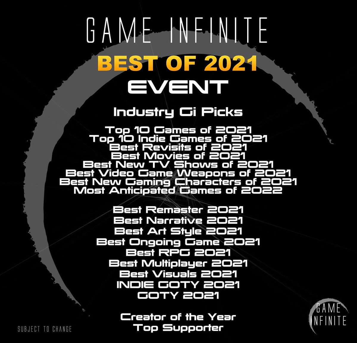 gameinfinite10's tweet photo. We are excited to announce our upcoming end of year #gameinfinite community event! #bestof2021
•
#gifriends. Expect giveaways, shoutouts, community features, polls, and more! Follow us on https://t.co/2N0lWhyK60 for everything! https://t.co/f0vDaMAjr0
