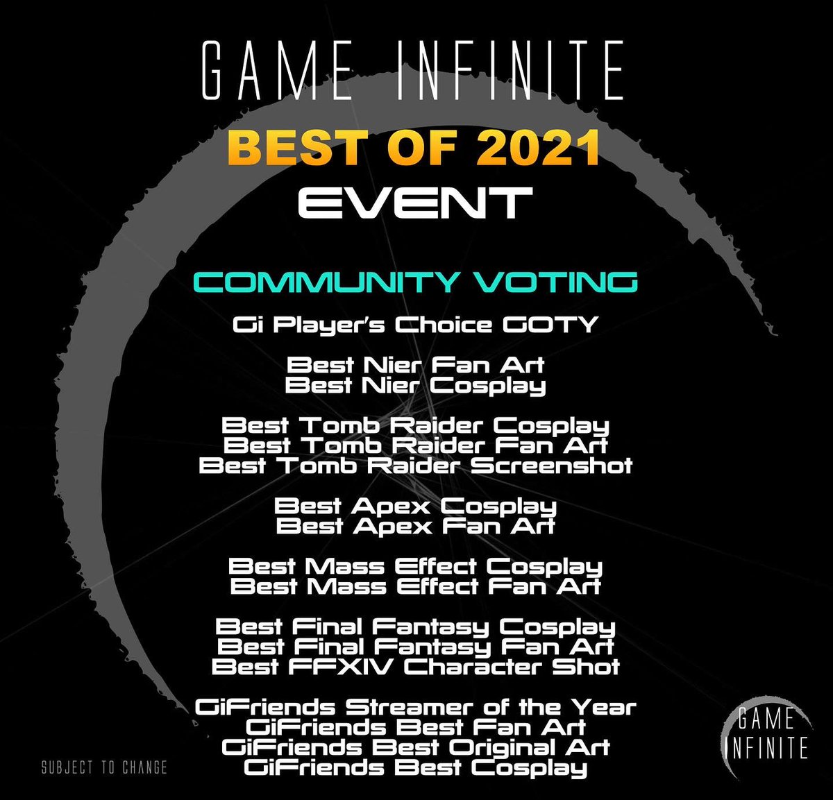 gameinfinite10's tweet photo. We are excited to announce our upcoming end of year #gameinfinite community event! #bestof2021
•
#gifriends. Expect giveaways, shoutouts, community features, polls, and more! Follow us on https://t.co/2N0lWhyK60 for everything! https://t.co/f0vDaMAjr0