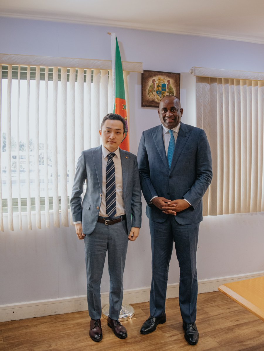 GrenadaWTO's tweet photo. H.E. Justin Sun travelled to #Dominica to meet with Prime Minister @SkerritR and engaged in constructive conversations over trade, new energy innovations, and digital solutions to mitigate the economic disruption brought by #COVID19. https://t.co/G0BkDVFYgY
